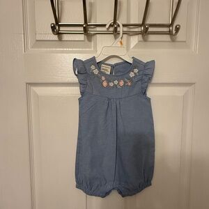 First Impressions Light Blue Romper with Floral Design